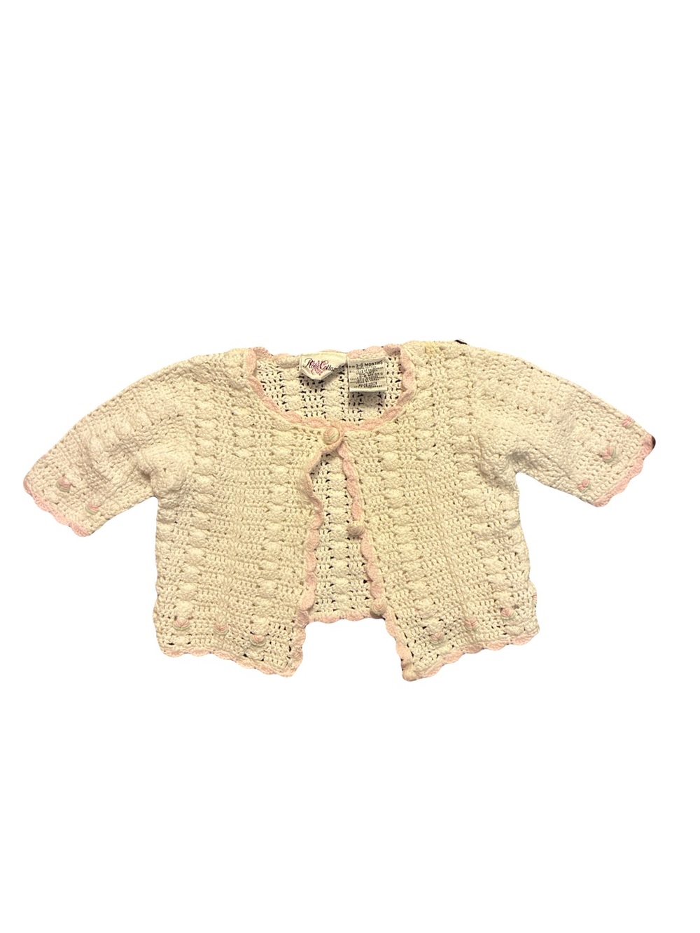 Vintage Rose Cottage Baby Crochet Cardigan Sweater White Pink 3-6 Months